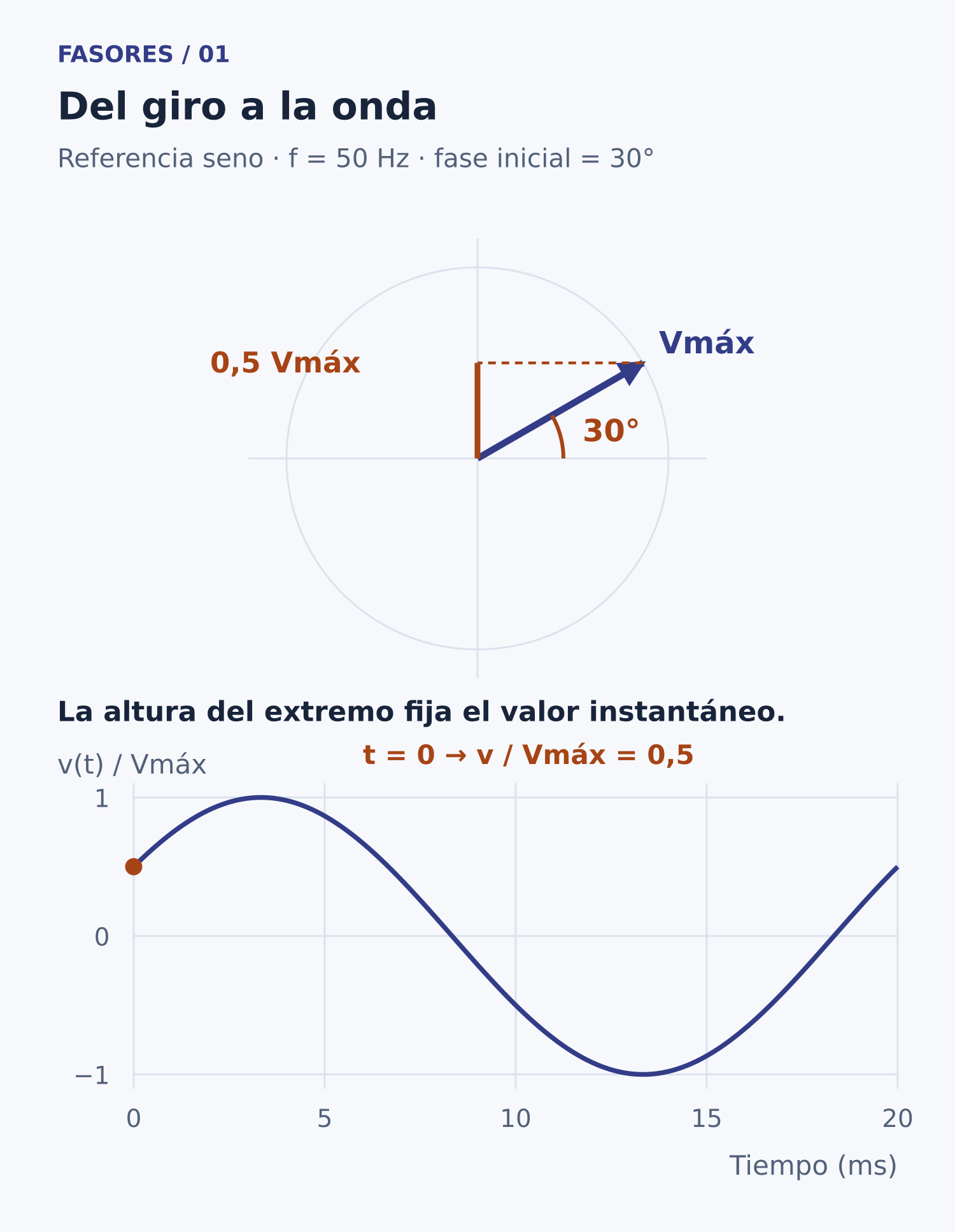 Vector a 30° con proyección vertical de 0,5 Vmáx y onda senoidal correspondiente a 50 Hz.